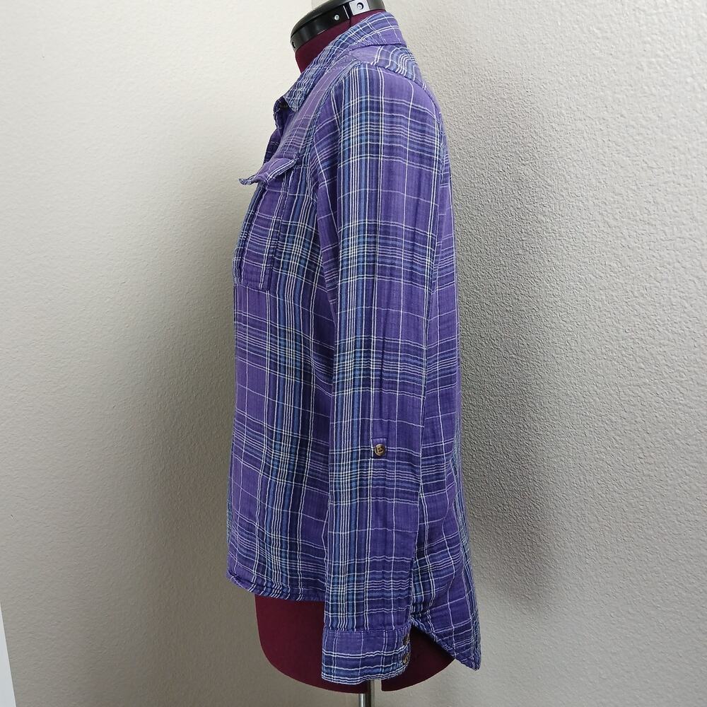 GNW Indigo Purple Plaid Double Layer Cotton Blouse M soft roll tab sleeves - Picture 3 of 12